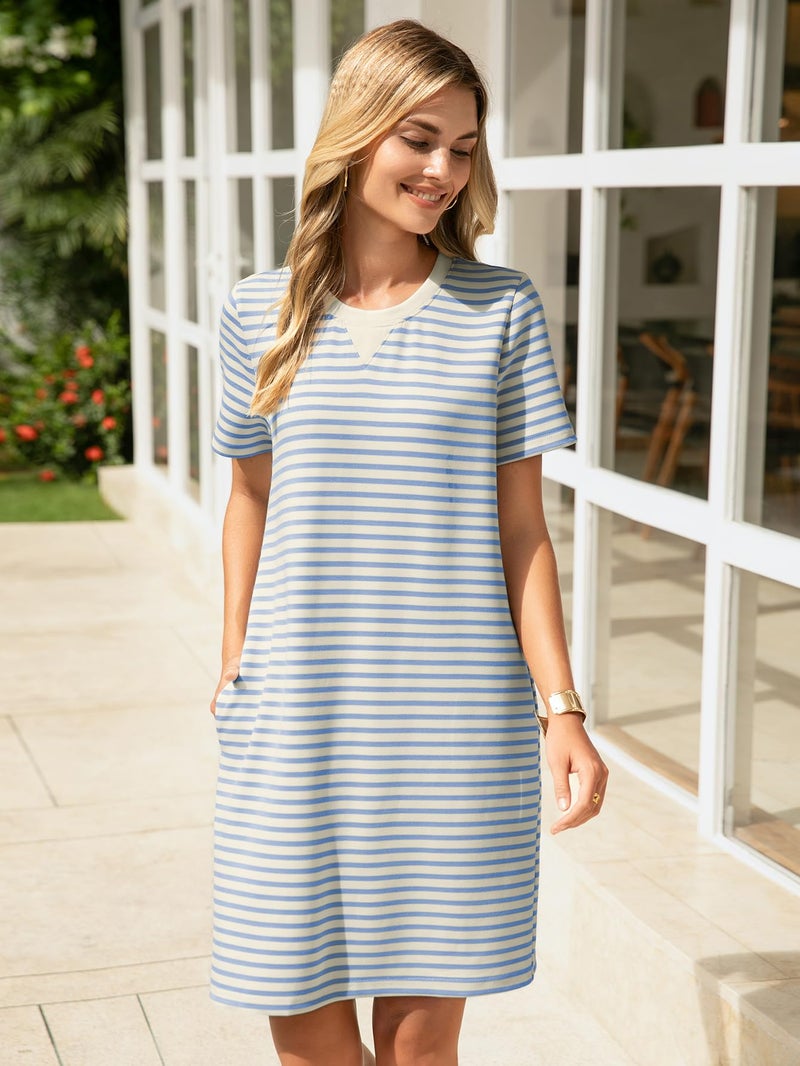 Glamaker Women Summer Tshirt Shift Dress Casual Striped Short Sleeve Crew Neck Knee Length Comfy Dress with Pockets (Blue Stripe M) - Image 3
