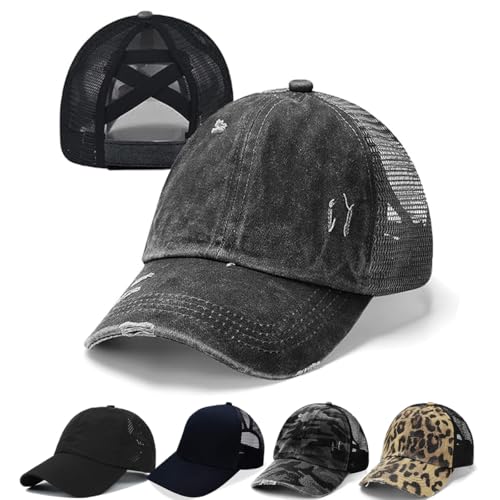 Bocianelli Criss Cross Hat Washed Distressed Baseball Cap Ponytail Hat High Messy Bun Ponycap for Women - Image 1