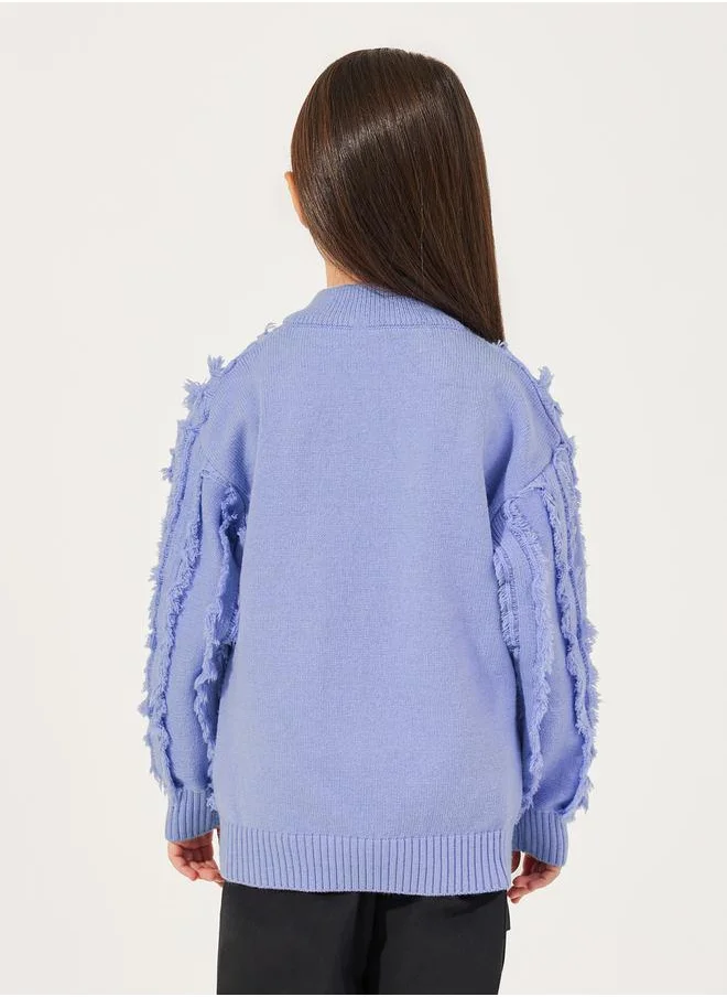Styli High Neck Frayed Knitted Sweater