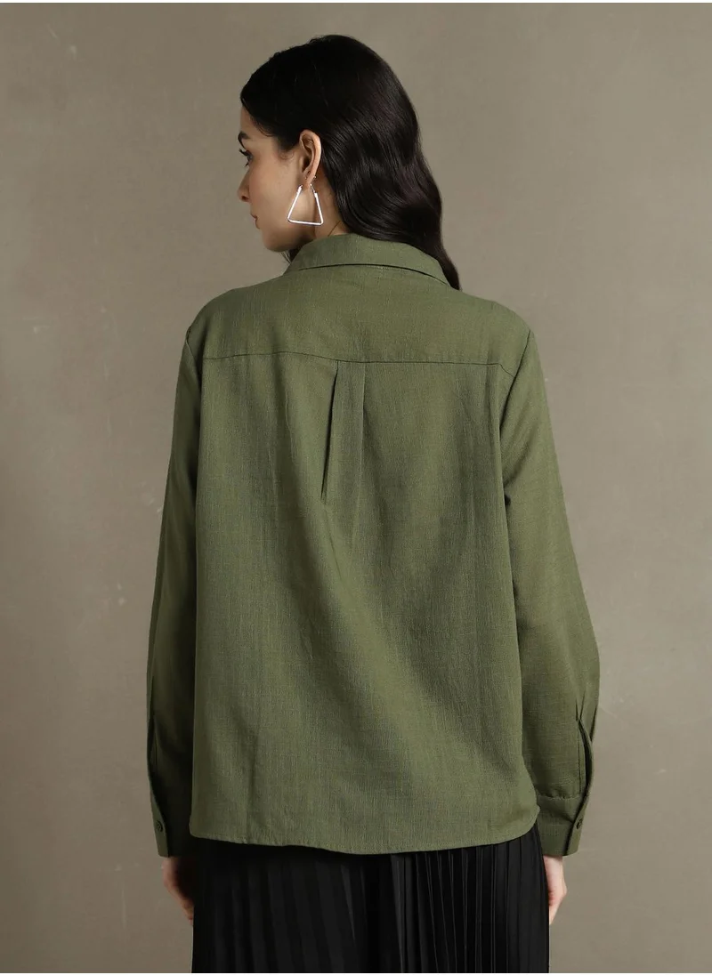 Dennis Lingo Women's Olive Cotton Blend Textured Oversized Shirt