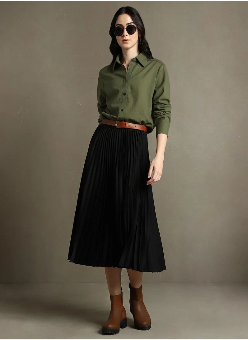 Dennis Lingo Women's Olive Cotton Blend Textured Oversized Shirt