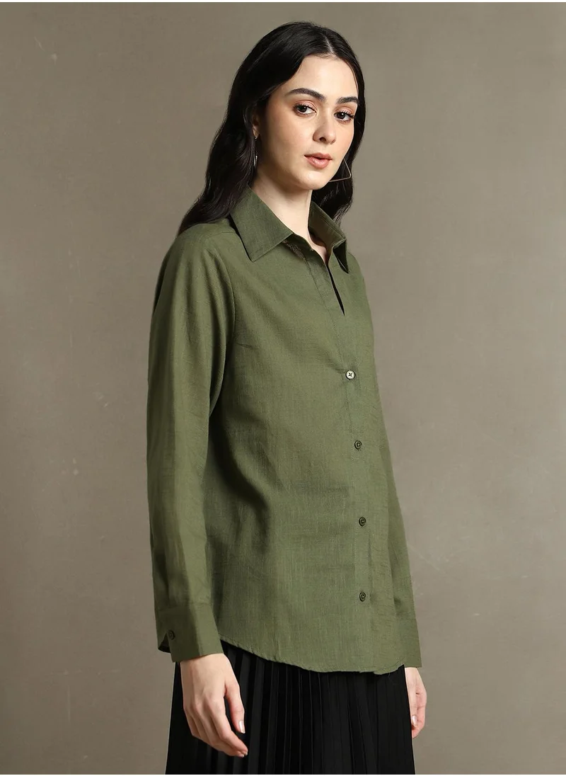 Dennis Lingo Women's Olive Cotton Blend Textured Oversized Shirt