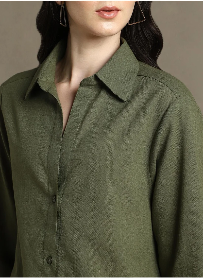 Dennis Lingo Women's Olive Cotton Blend Textured Oversized Shirt