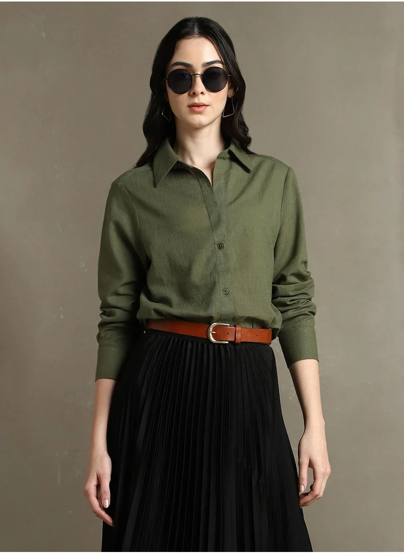 Dennis Lingo Women's Olive Cotton Blend Textured Oversized Shirt