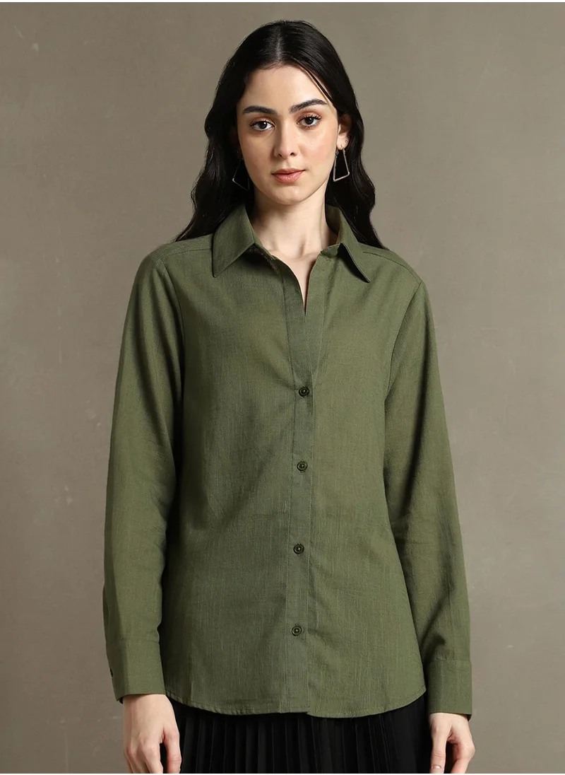 Dennis Lingo Women's Olive Cotton Blend Textured Oversized Shirt