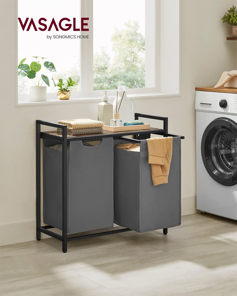 VASAGLE Laundry Hamper, Laundry Basket, Laundry Sorter with 2 Pull-Out and Removable Bags, Shelf, Metal Frame, 2 x 12.1 Gallons (46 L), 28.8 x 13 x 28.4 Inches, Slate Gray and Rustic Brown UBLH201G01 - Image 2