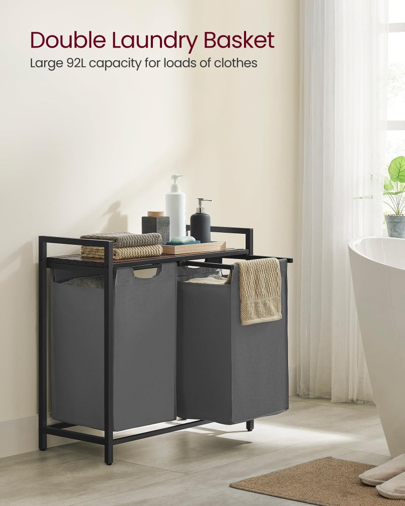 VASAGLE Laundry Hamper, Laundry Basket, Laundry Sorter with 2 Pull-Out and Removable Bags, Shelf, Metal Frame, 2 x 12.1 Gallons (46 L), 28.8 x 13 x 28.4 Inches, Slate Gray and Rustic Brown UBLH201G01 - Image 3