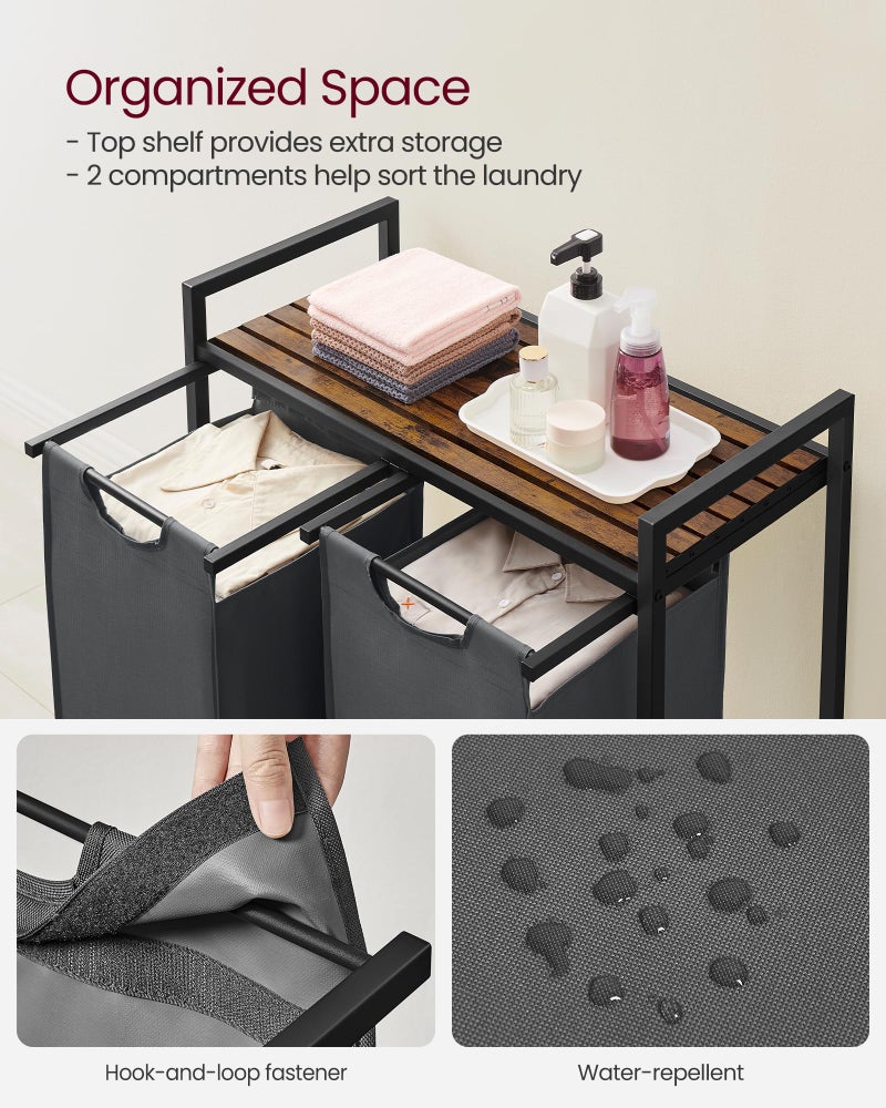 VASAGLE Laundry Hamper, Laundry Basket, Laundry Sorter with 2 Pull-Out and Removable Bags, Shelf, Metal Frame, 2 x 12.1 Gallons (46 L), 28.8 x 13 x 28.4 Inches, Slate Gray and Rustic Brown UBLH201G01 - Image 4