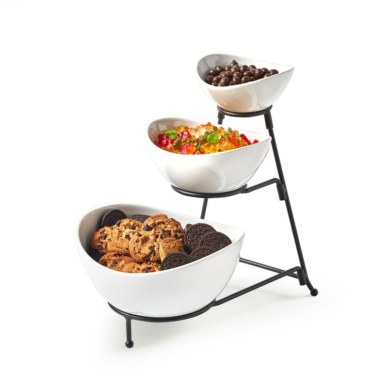LYEOBOH 3 Tier Serving Bowls Set with Collapsible Thicker Metal Stand Oval Serving Dishes for Entertaining Tiered Serving Stand for Fruit Dessert Candy Chip and Dip Black