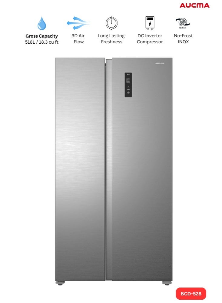 أوكما ثلاجة AUCMA 518L جنبًا إلى جنب بدون تجميد، سعة 18.3 قدم مكعب، سعة ثلاجة 332 لترًا ومجمد 186 لترًا، ضاغط عاكس، (INOX-SS) - Image 1