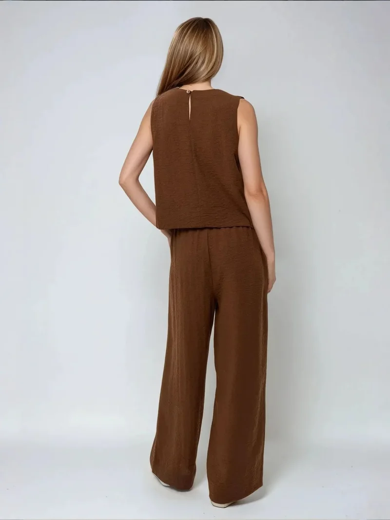 HICCUP Camel Brown Linen Feel Blouse & Elastic Waist Pants Two-Piece Coord Set for Women | Best Price UAE