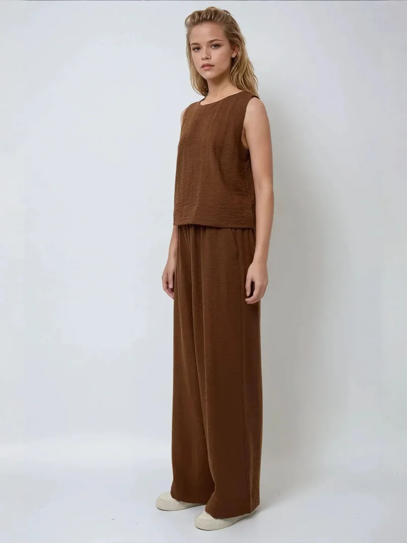 HICCUP Camel Brown Linen Feel Blouse & Elastic Waist Pants Two-Piece Coord Set for Women | Best Price UAE