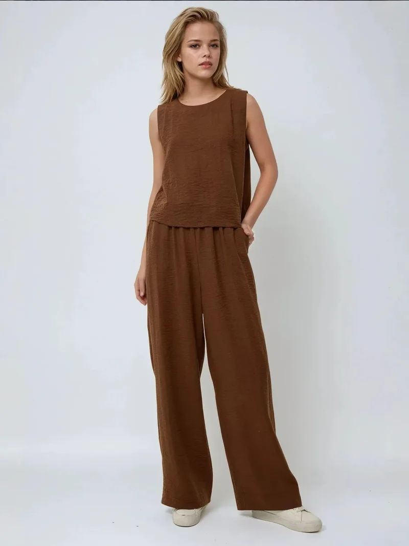 HICCUP Linen Feel Blouse & Elastic Waist Pants Two-Piece Coord Set
