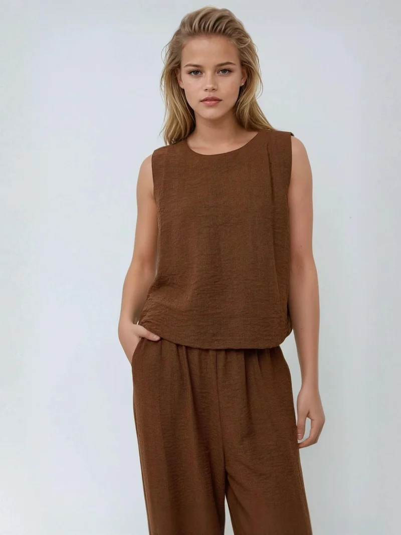 Linen Feel Blouse & Elastic Waist Pants Two-Piece Coord Set