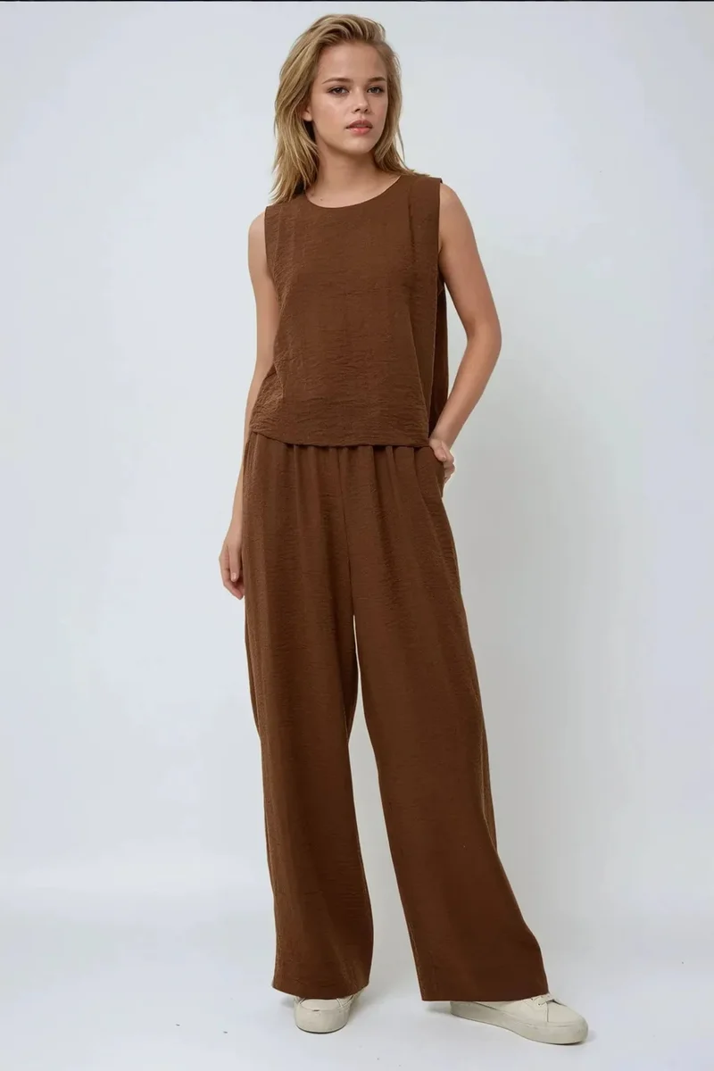 Hiccup Linen Feel Blouse & Elastic Waist Pants Two-Piece Coord Set