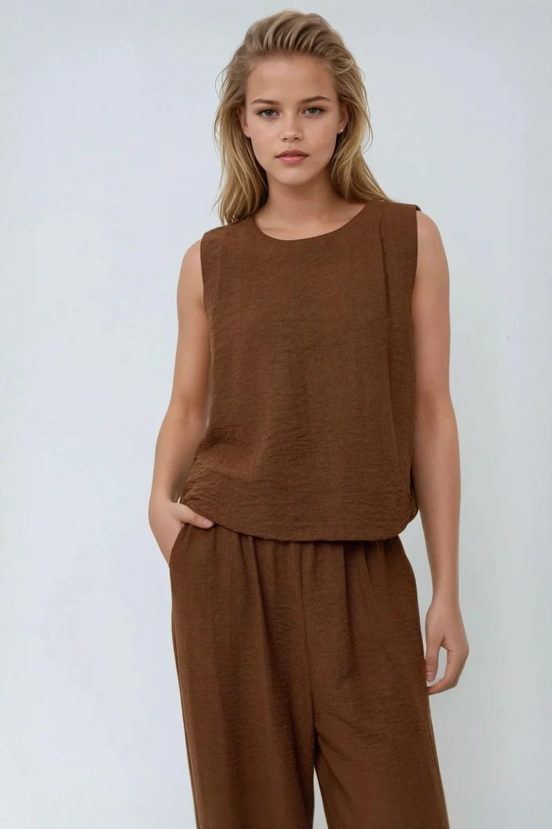 Hiccup Linen Feel Blouse & Elastic Waist Pants Two-Piece Coord Set