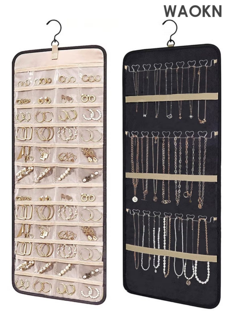 WAOKN Hanging Jewelry Storage Roll with Metal Hooks, Double-Sided Jewelry Holder ，Jewelry Box， Jewellery Box，The organizer of necklaces, earrings and rings ,Hanging on Closet, Wall, Door, - Image 1