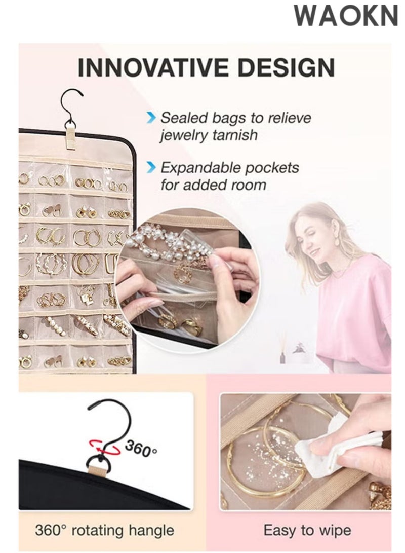 WAOKN Hanging Jewelry Storage Roll with Metal Hooks, Double-Sided Jewelry Holder ，Jewelry Box， Jewellery Box，The organizer of necklaces, earrings and rings ,Hanging on Closet, Wall, Door, - Image 2