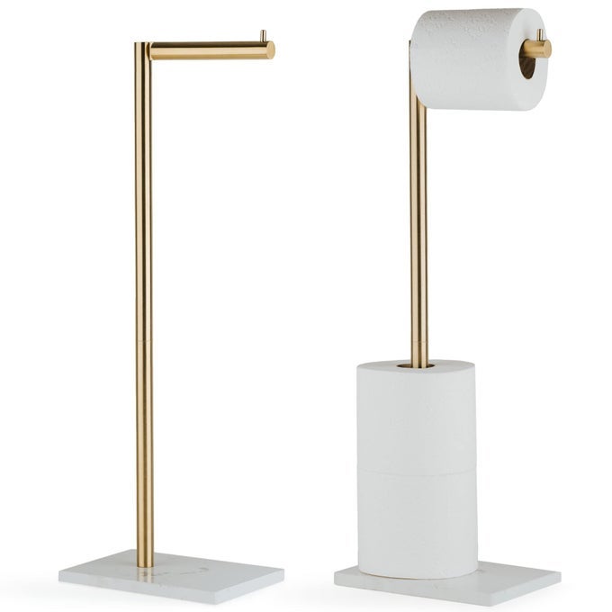 FREE STANDING GOLD TOILET PAPER HOLDER STAND WHITE MARBLE BASE AND STORAGE 4 JUMBO ROLL BATHROOM HARDWARE TOILET TISSUE ORGANIZER STAINLESS STEEL BATHROOM DECOR ACCESSORY