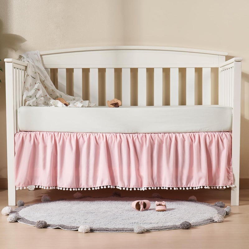 Tillyou Baby Crib Skirt Girls Boys  Ruffled Bed Skirt With Pompoms  28 X 52   14'' Drop  Pink - Image 1