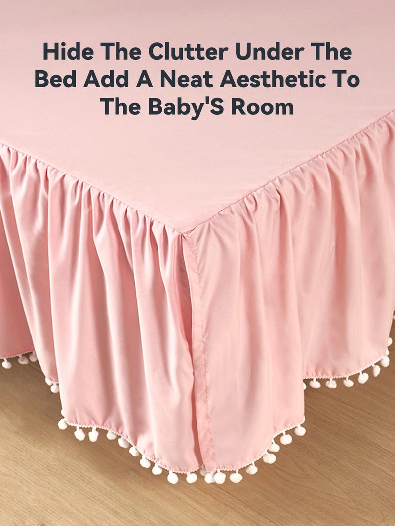 Tillyou Baby Crib Skirt Girls Boys  Ruffled Bed Skirt With Pompoms  28 X 52   14'' Drop  Pink - Image 4
