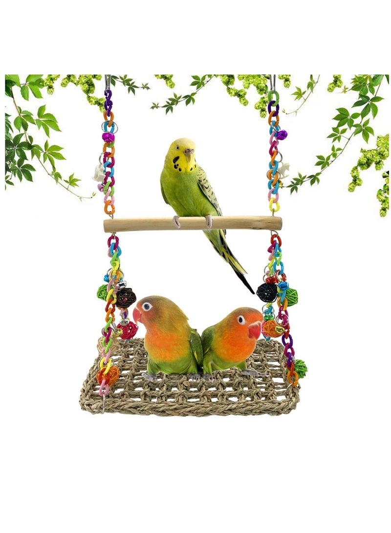 Excefore Bird Seagrass Swing Toys with Wood Perch Bird Parrot Trapeze Swing Seagrass Bird Climbing Hammock Bird Perch Stand Chewing Toy for Lovebird, Cockatiel, Budgie, Conure Parrotlet - Image 1