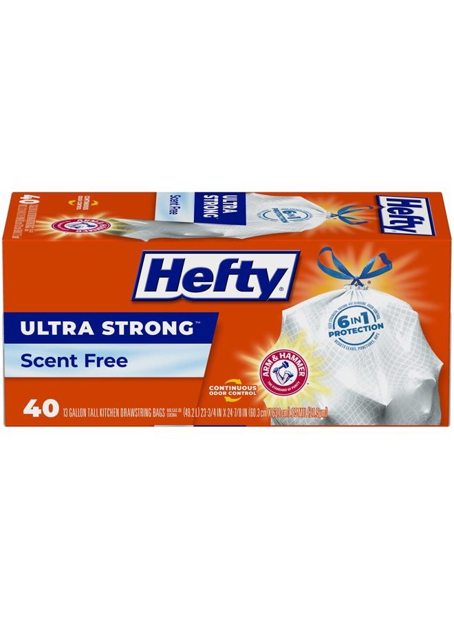Hefty Ultra Strong 13 Gallon Trash Bags, Tall Kitchen Trash Bags 13 Gallon Size, Drawstring Closure, Continuous Odor Control, White, Unscented, 40 Bags - Image 1