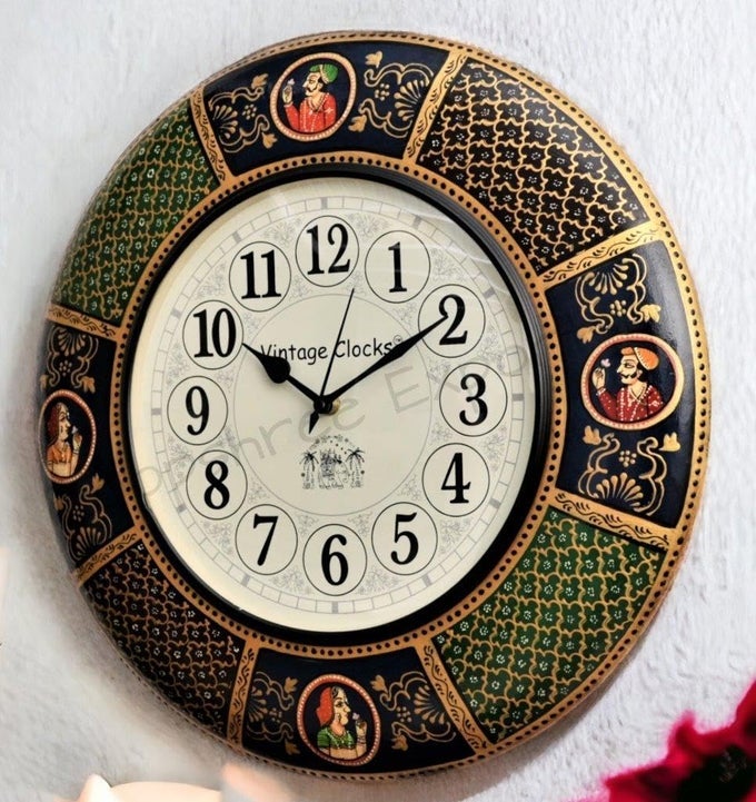 ABSTRACT SOLID PINE WOOD MDF ENGLISH NUMERALS HANDPAINTED MAHARAJA LARGE ANALOG WALL CLOCK 16X16 INCHES MULTICOLOUR
