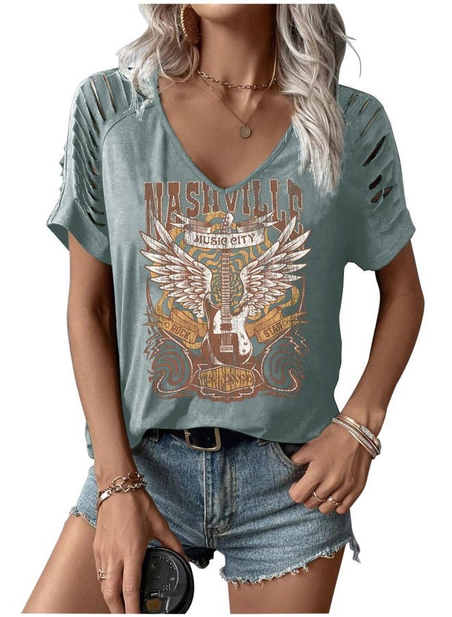 Yuaelria Rock Band T-Shirt for Women V-Neck Country Music Short Sleeved Shirt Retro Nashville Guitar Graphic Hollowed Tee Tops, B-green, XL - Image 1