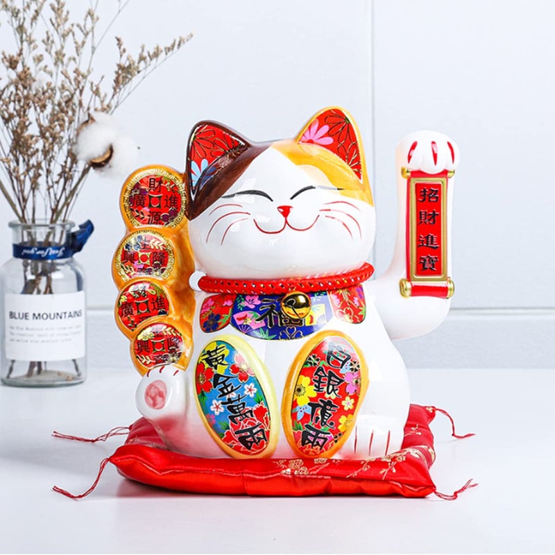 DongAi 10inch Large Lucky Cat Feng Shui Ceramic Lucky Cat Ornately Decorated Porcelain Lucky Fortune The Best Gift for Opening25cm