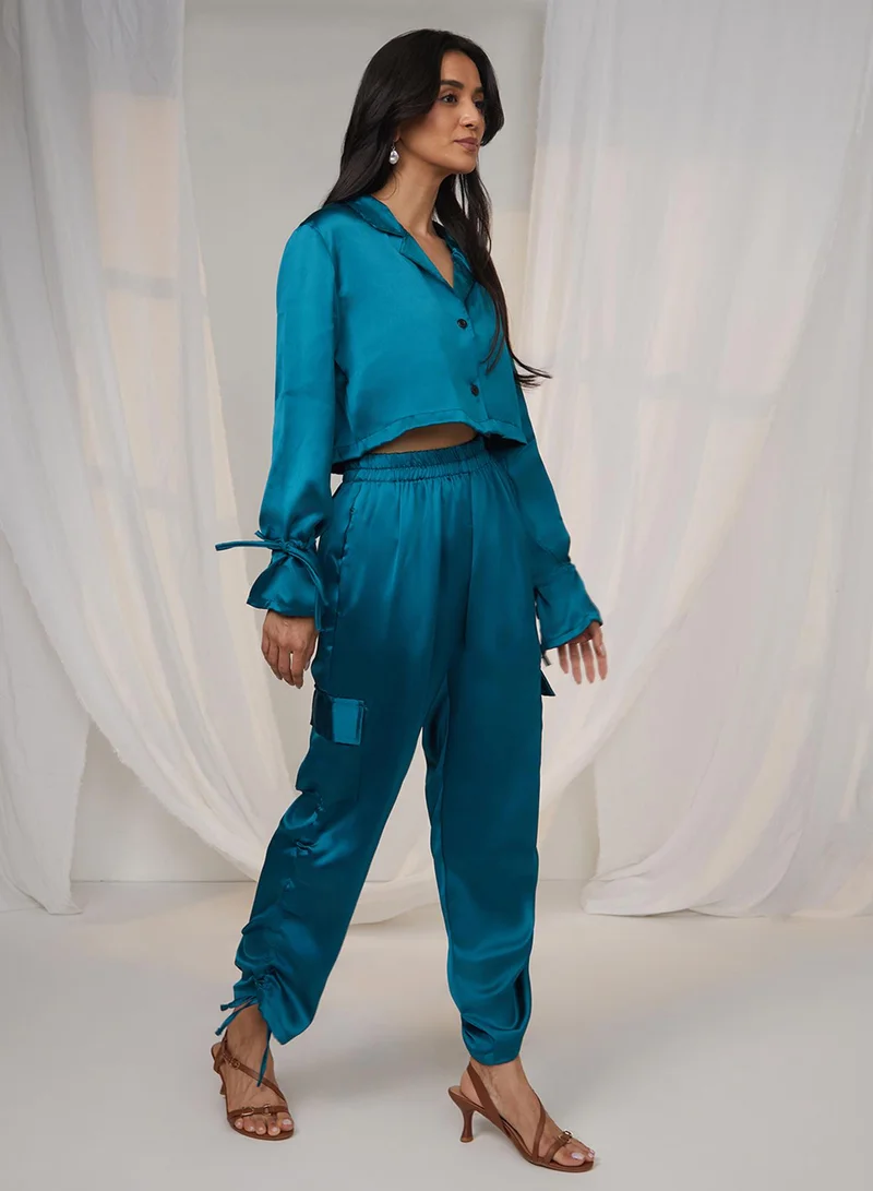 Pinacolada  Women's Teal Blue Drawstring Ruched Co-Ord Set for Women | Best Price UAE