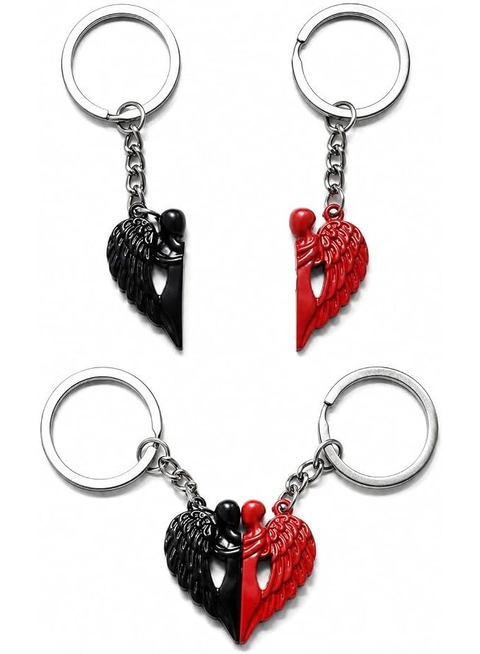 First Choice Magnetic Couple's Keychain – Angel Wing and Heart Design (Black & Red, 2-Piece Set) – Premium Metal Keychain for Cars and Bags; Romantic Gift for Couples and Friends - Image 1