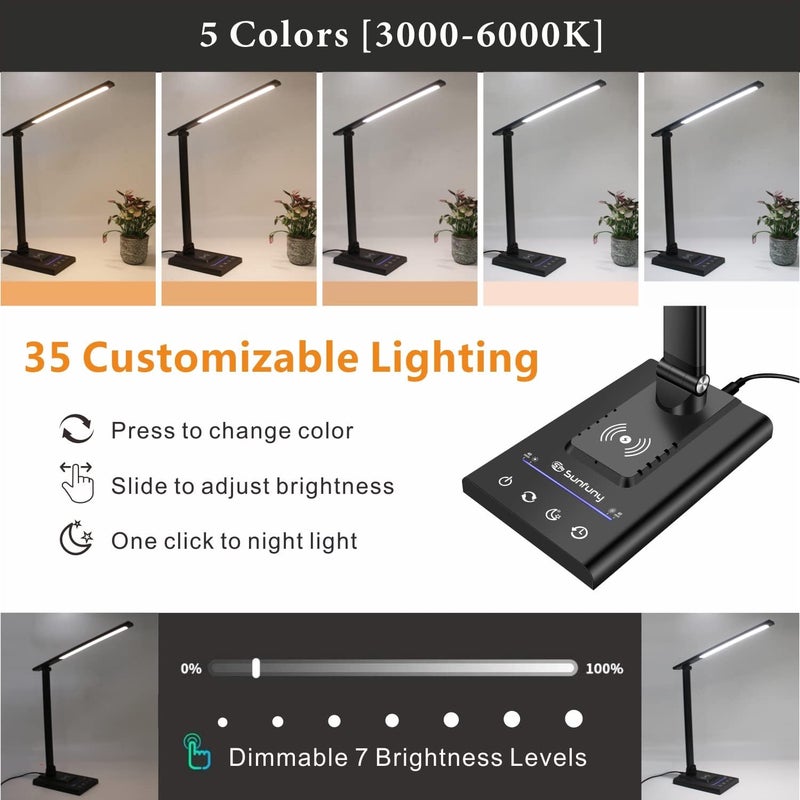 YIMI LED Desk Lamp, Table Lamp with Fast Wireless Charger & USB Charging Port, 12W Office Desk Light with 35 Adjustable Lights, Touch Control & Memory Function for Home Office, Reading, Studying (Black) - Image 3