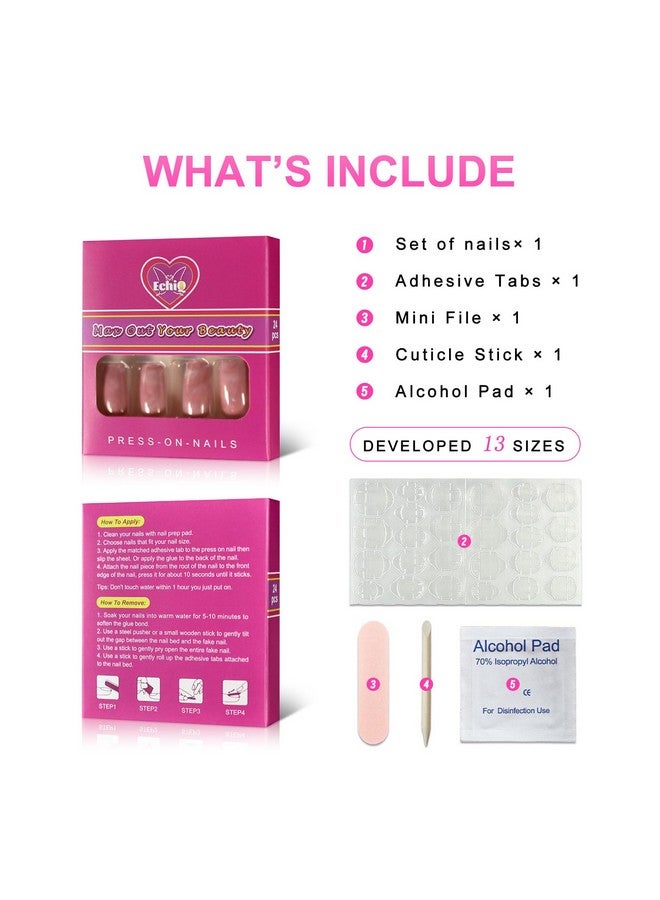EchiQ Shiny Pink Marble Artificial Nails Square Medium Size Fake Predesigned Nail Art Kit For Women Wear Tool Z836 - Image 3