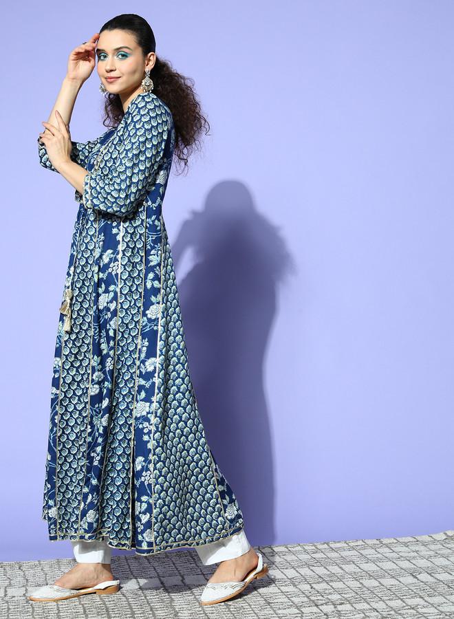 ISHIN Women'S Blue 100% Cotton Self Design A-Line Dress - Image 5