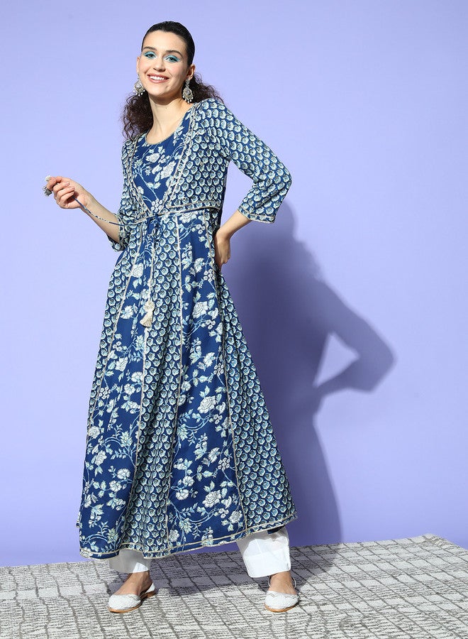 ISHIN Women'S Blue 100% Cotton Self Design A-Line Dress - Image 1