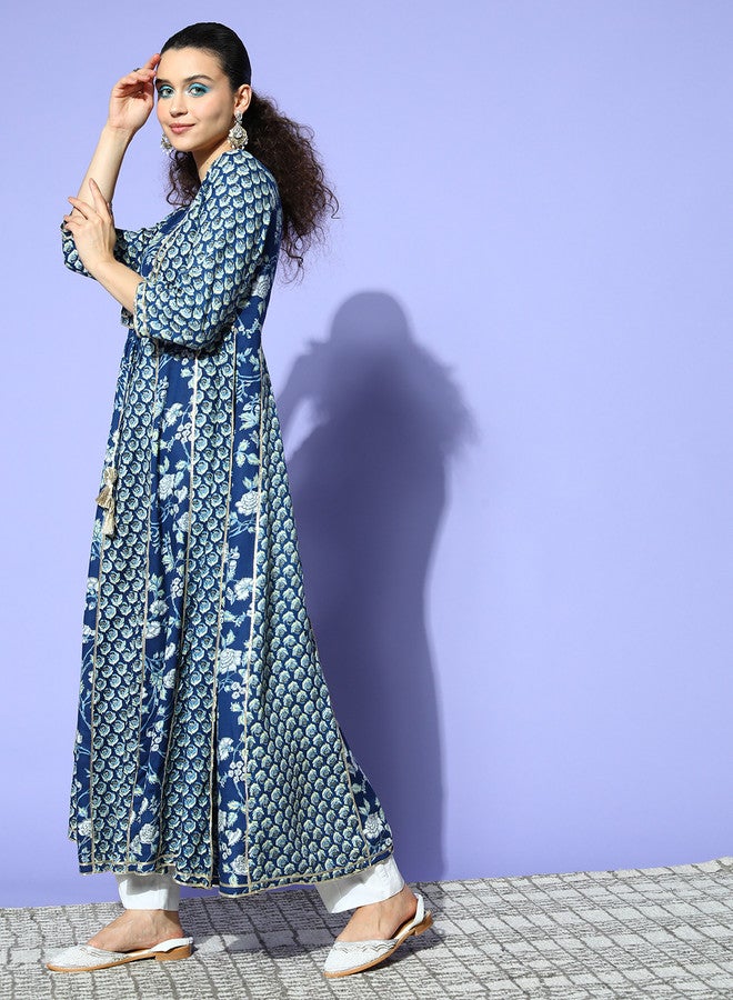 ISHIN Women'S Blue 100% Cotton Self Design A-Line Dress - Image 4