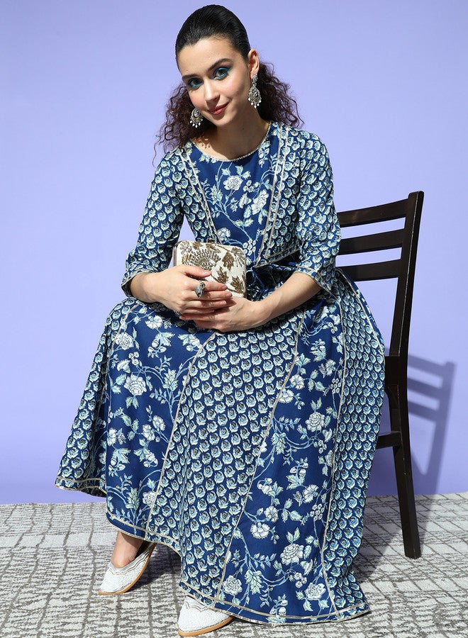 ISHIN Women'S Blue 100% Cotton Self Design A-Line Dress - Image 3