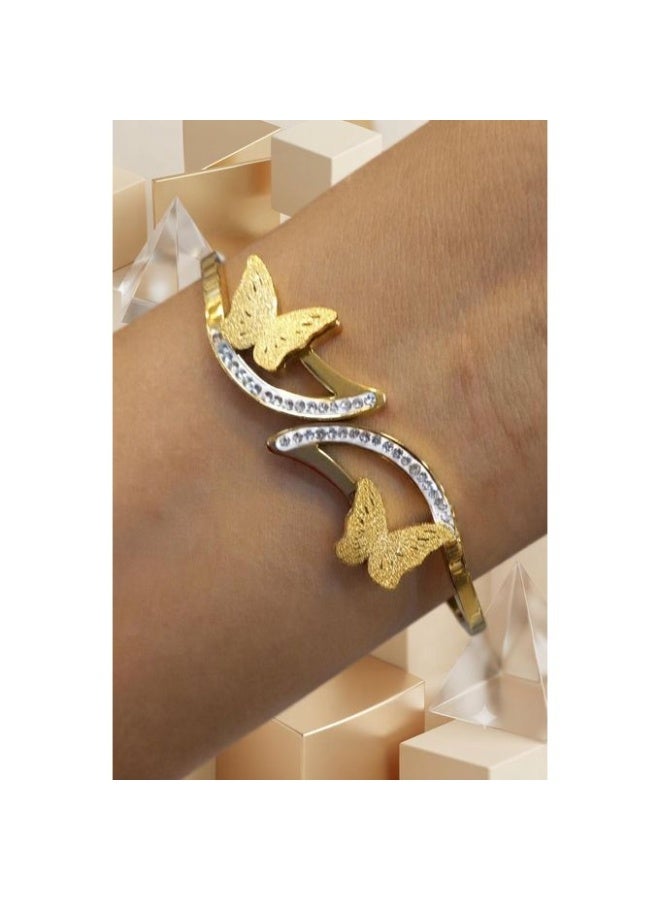 Gold Plated Stainless Steel Butterfly Cuff Bangle with Pave Crystals