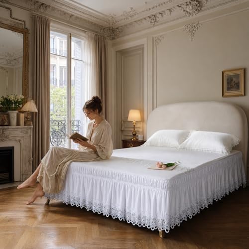 ARTABLE Lace Bed Skirts Wrap Around Ruffled Bed Scarf Elastic Dust with Adjustable Belts 15 Inch Drop Twin Queen King Size Lace Trimmed Bed Skirt White Twin 54 x 8015 Inch Drop - Image 1