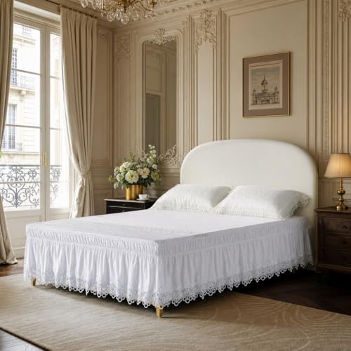 ARTABLE Lace Bed Skirts Wrap Around Ruffled Bed Scarf Elastic Dust with Adjustable Belts 15 Inch Drop Twin Queen King Size Lace Trimmed Bed Skirt White Twin 54 x 8015 Inch Drop - Image 3