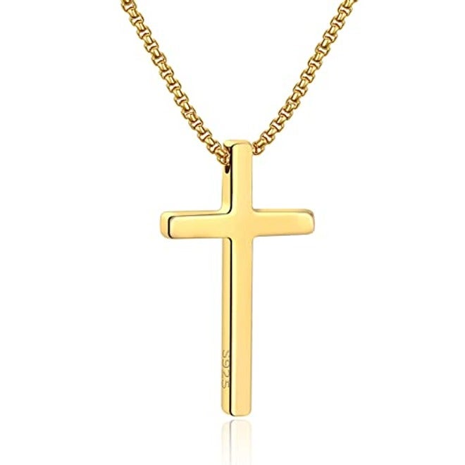 M MOOHAM Cross Necklace for Men & Teen Boys | Stainless Steel Cross Pendant Chain in Silver, Gold-Plated 925 Sterling Silver, Gold | 16-30 Inch Adjustable Length | Religious Jewelry Gift