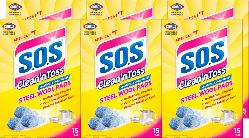 S.O.S SOS Clean n Toss Steel Wool Soap Pads 15 Count Pack of 6 - Image 3