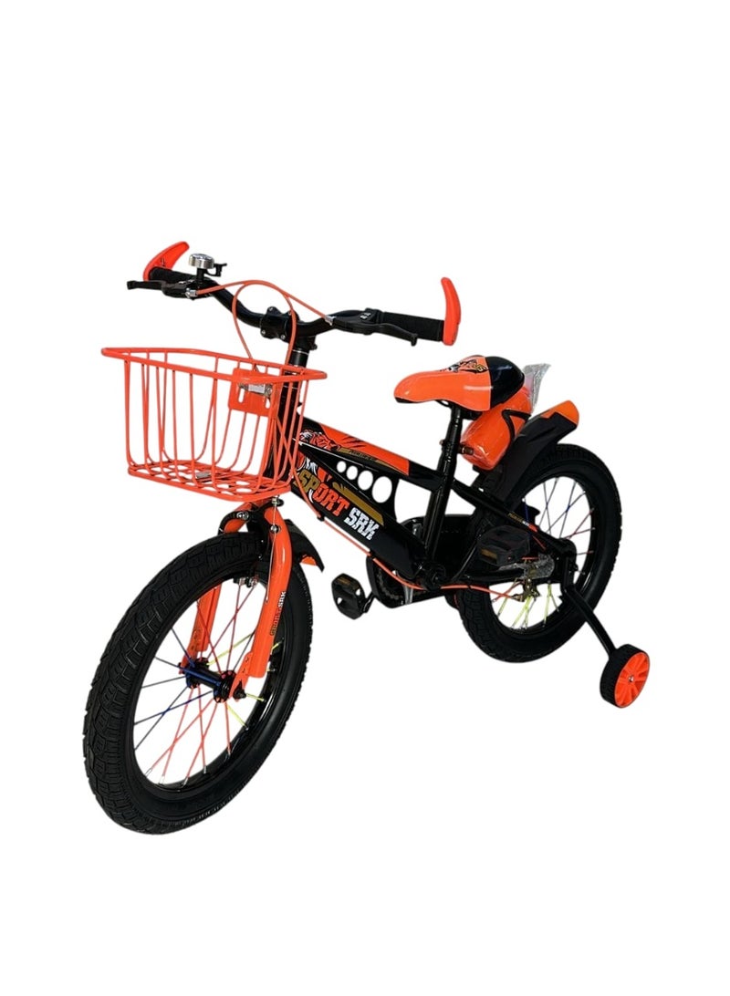 Kids’ Simple Bicycle – 12 Inch, Orange, with Support Wheels, Basket & Bottle Holder - Image 1