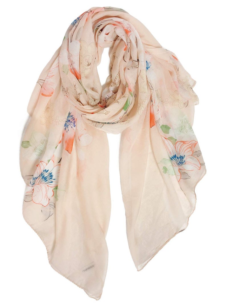 GERINLY Scarves for Women Bright Florals Fashion Head Scarf Cotton Wraps and Shawls with Botanical (Beige) - Image 1