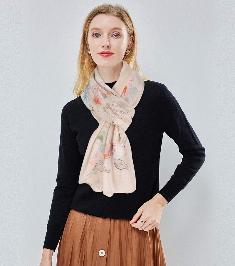 GERINLY Scarves for Women Bright Florals Fashion Head Scarf Cotton Wraps and Shawls with Botanical (Beige) - Image 3