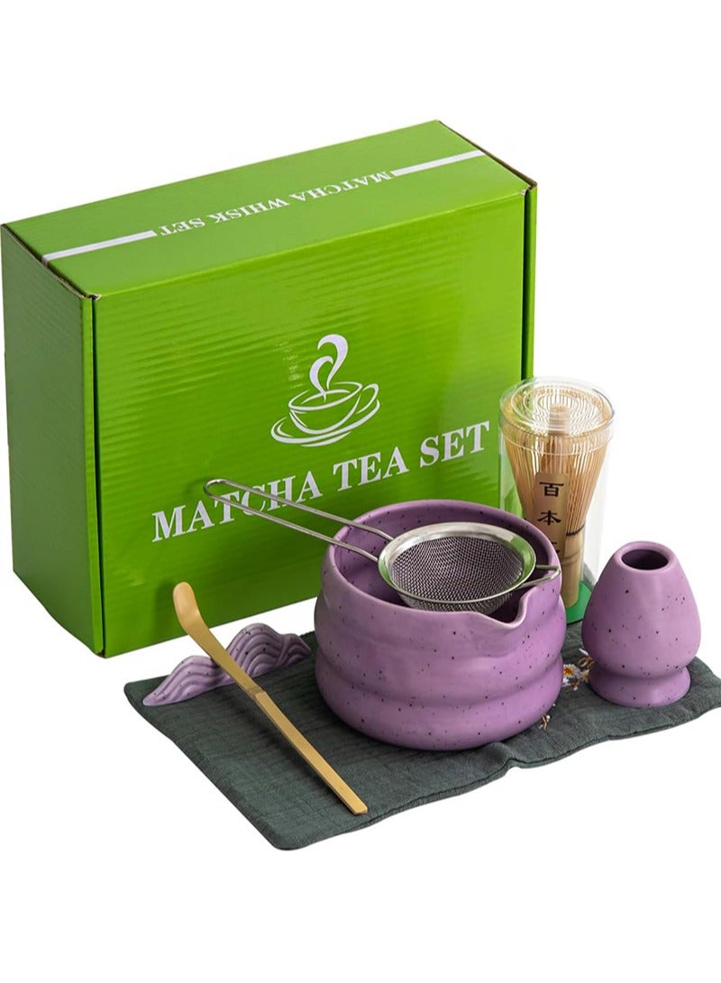 Aikanbo 7Pcs Matcha Tea Set，Matcha Kit with Matcha Bowl (with Pouring Spout)，Matcha Whisk，Whisk Holder，Strainer - Elegant Matcha Set for Gifting and Personal Use，Gift Box Packaging (Purple) - Image 1