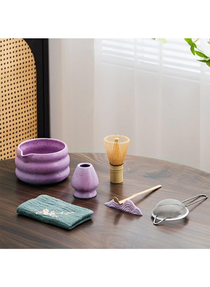 Aikanbo 7Pcs Matcha Tea Set，Matcha Kit with Matcha Bowl (with Pouring Spout)，Matcha Whisk，Whisk Holder，Strainer - Elegant Matcha Set for Gifting and Personal Use，Gift Box Packaging (Purple) - Image 4