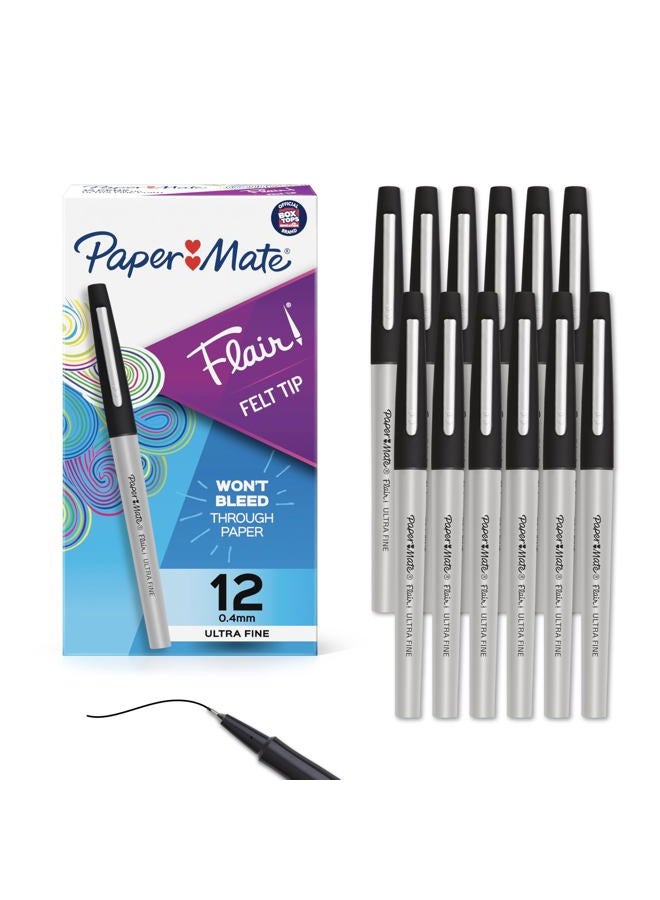 Paper Mate Flair Felt Tip Pens, Ultra Fine Point (0.4mm), Black, 12 Count - Image 1