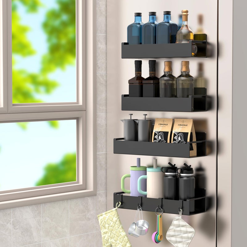 HuggieGems 4 Pack Magnetic Spice Rack Organizer for Refrigerator and Oven Matt Black Fridge Organizers and Storage for Kitchen